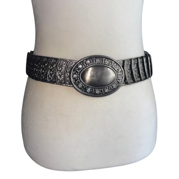 VTG Retro Rhinestone Metal Stretch Elastic Silver Tone Belt Round Ornate Floral - Picture 5 of 5